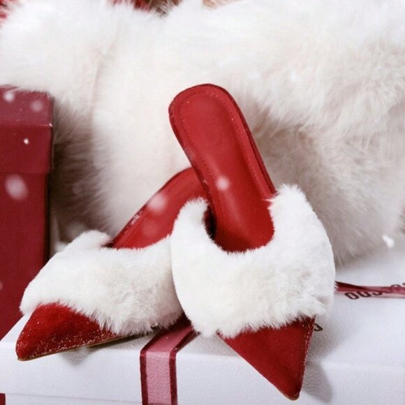 Burgundy Fuzzy Women's Christmas  Heeled Mules - Picture 2 of 7